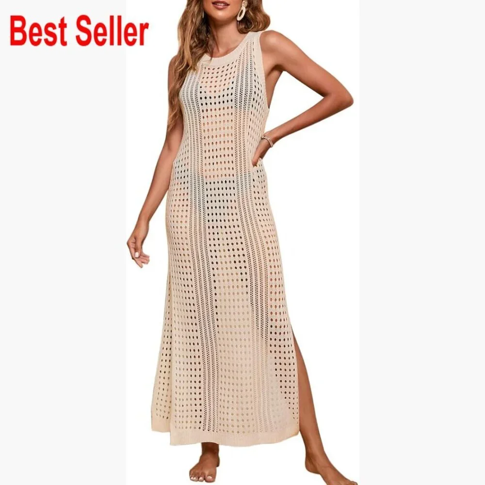Crochet Cover Up Dress Hollow Out Side Split Sleeveless Beach